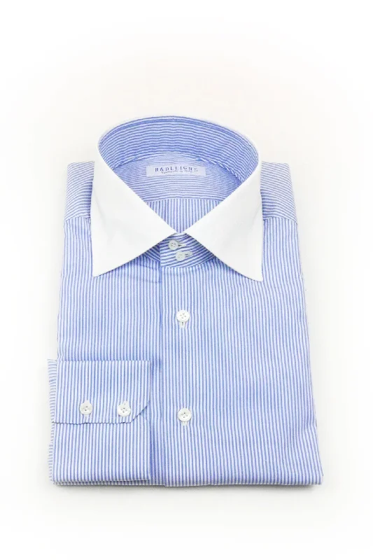 James Double Button Collar in Blue Stripe with Contrast Collar