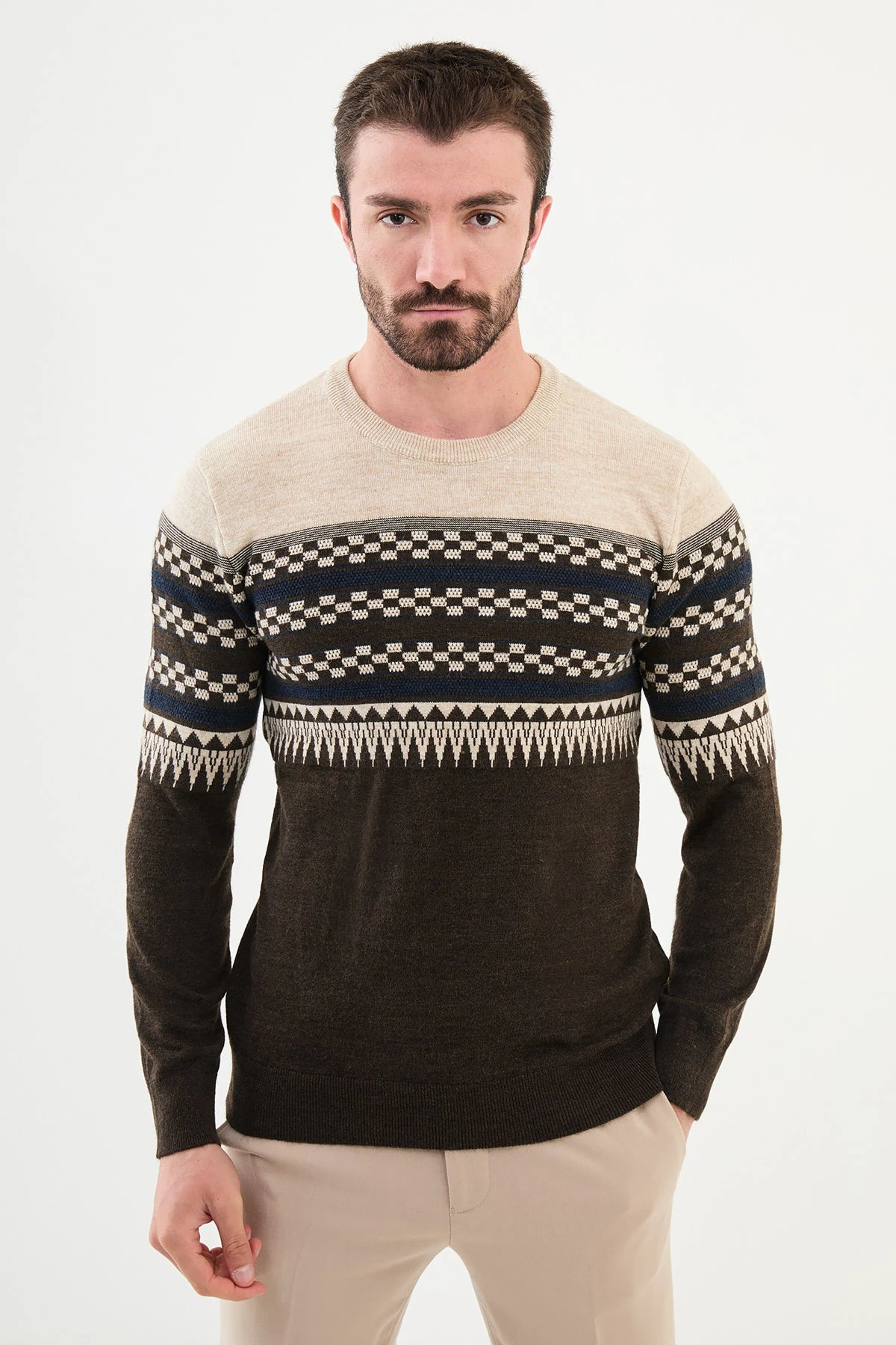 Bojoni Capena Patterned Slim Fit Crew Neck Brown Knitwear Sweater