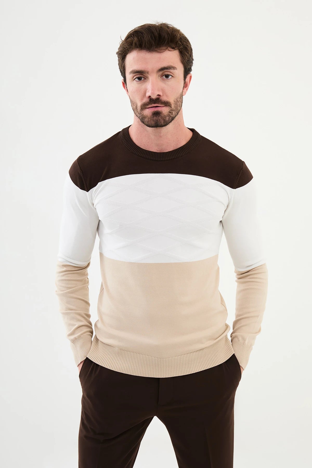 Bojoni Capena Pieced Slim Fit Crew Neck Beige Knitwear Sweater