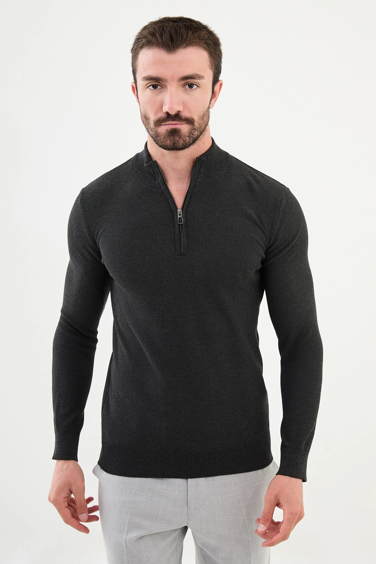 Bojoni Capena Textured Slim Fit Zippered Half Turtleneck Anthracite Knitwear Sweater