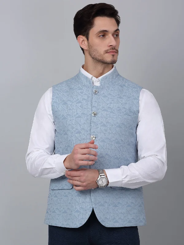 Men's Blue Self Design Party Wear Waistcoat