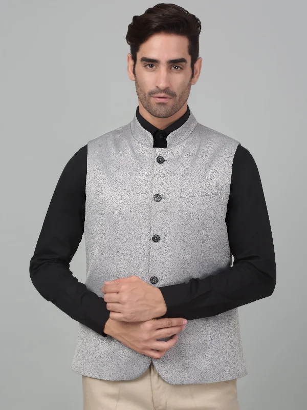 Men's Grey Self Design Party Wear Waistcoat