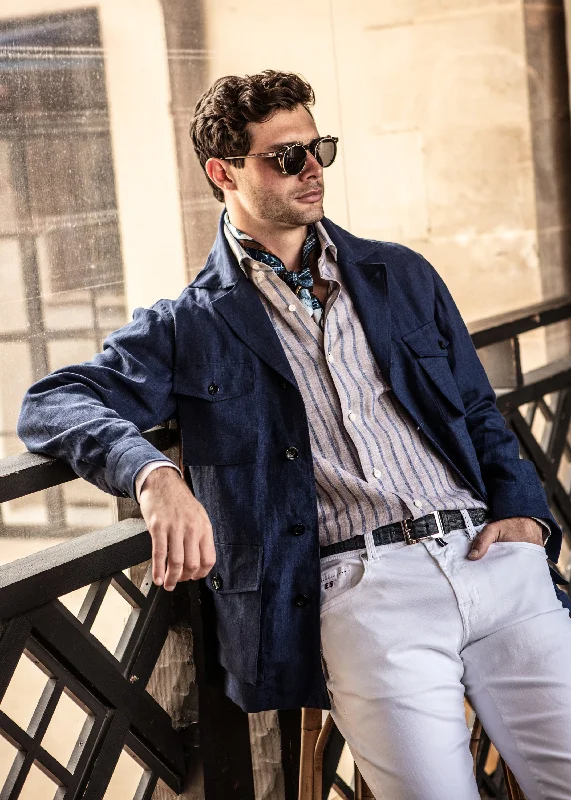 Classic Shirt in Tan With Blue Awning Stripe