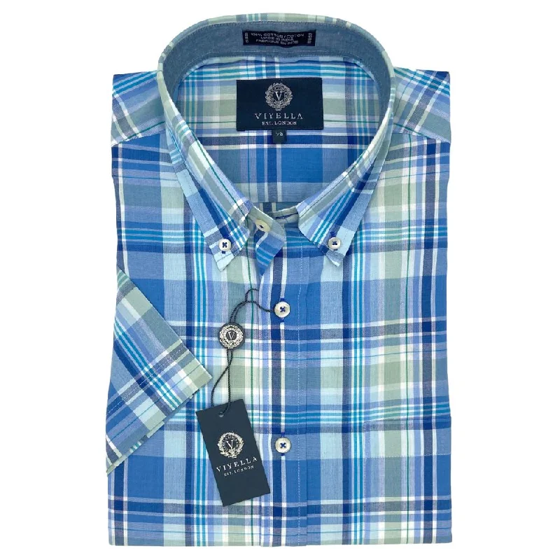 Cotton Madras Short Sleeve Cotton Sport Shirt in Chambray Blue Multi Plaid by Viyella