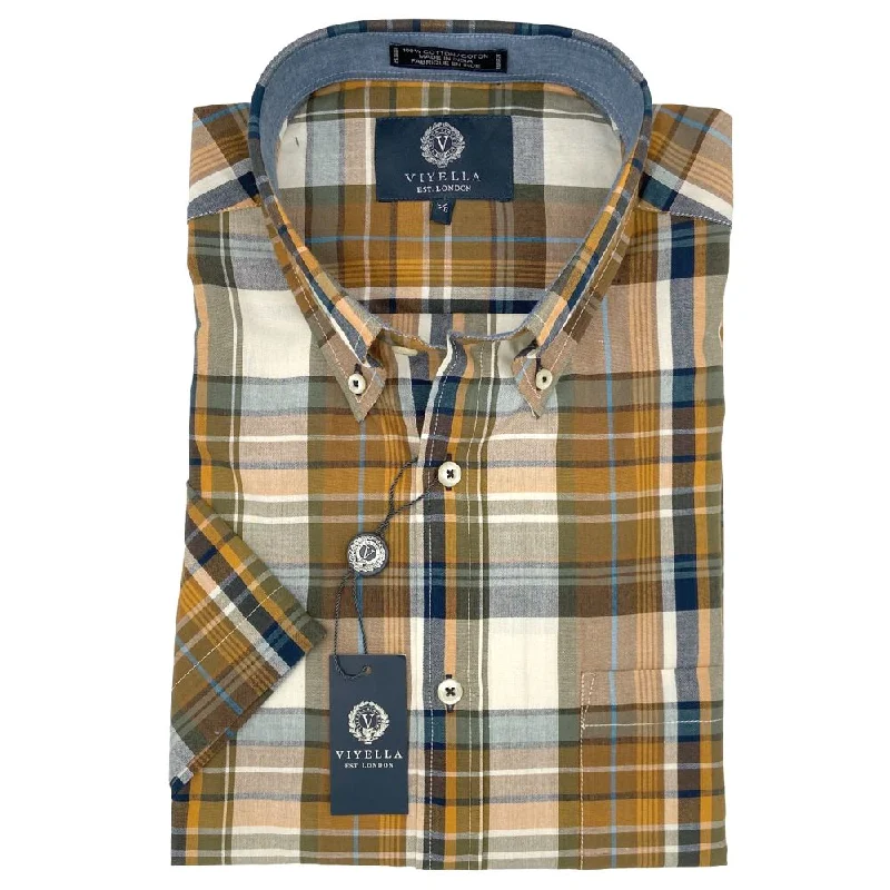 Cotton Madras Short Sleeve Cotton Sport Shirt in Khaki Plaid by Viyella