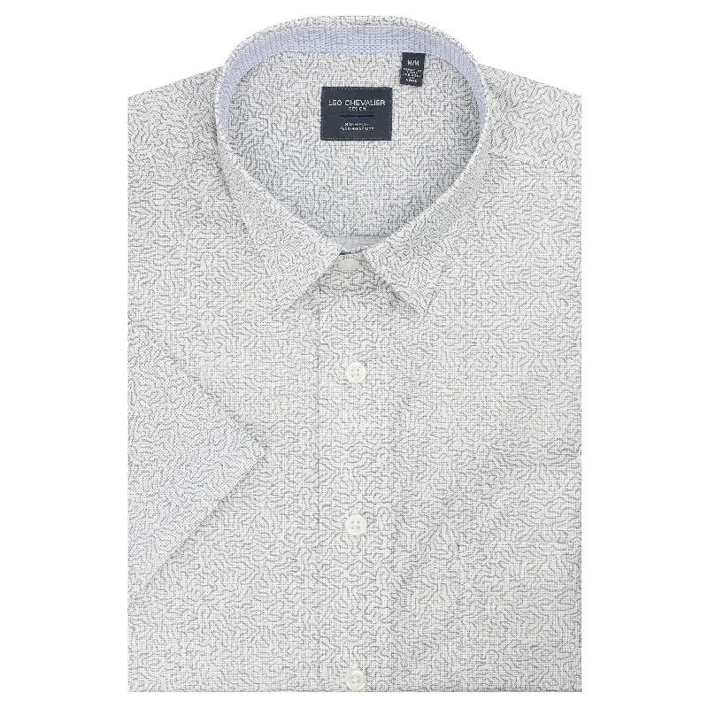 Grey Geometric Wave Print Short Sleeve No-Iron Cotton Sport Shirt with Hidden Button Down Collar by Leo Chevalier