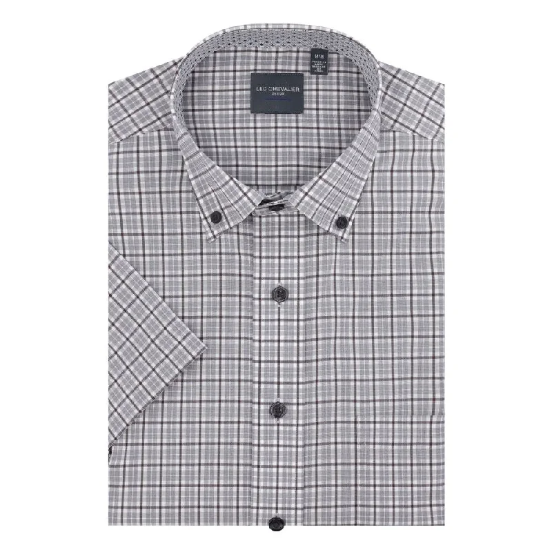 Grey Plaid Short Sleeve No-Iron Cotton Sport Shirt with Button Down Collar by Leo Chevalier