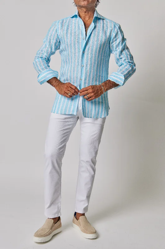 Striped Linen Button Down in Aqua