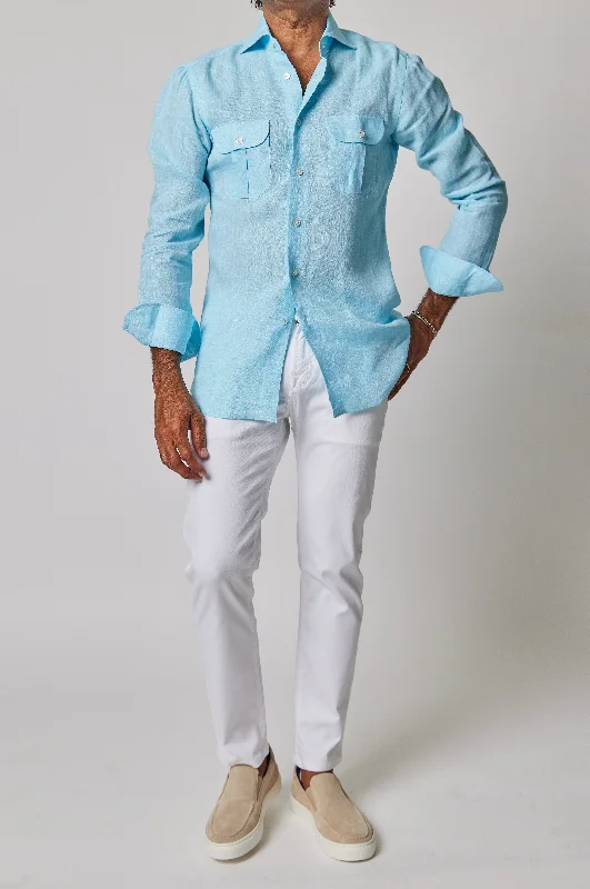 Solid Linen Work Shirt in Aqua