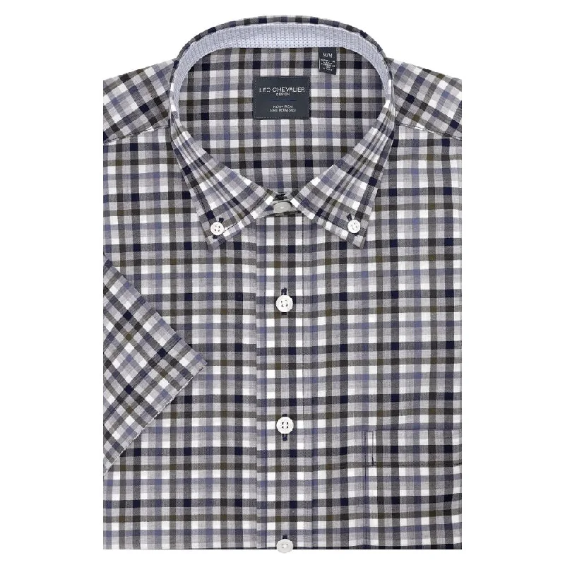 Moss, Navy, and Grey Plaid Short Sleeve No-Iron Cotton Sport Shirt with Button Down Collar by Leo Chevalier