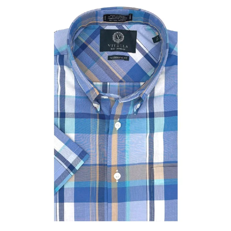 Multi Blue and Tan Plaid Cotton Broadcloth Short Sleeve Sport Shirt by Viyella