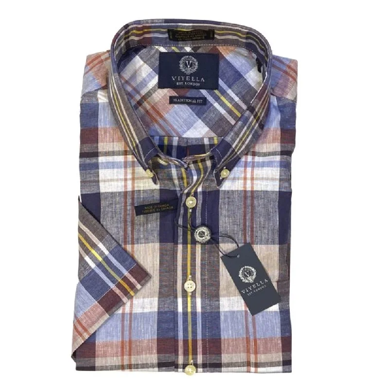 Navy and Tan Plaid Linen and Cotton Short Sleeve Sport Shirt by Viyella