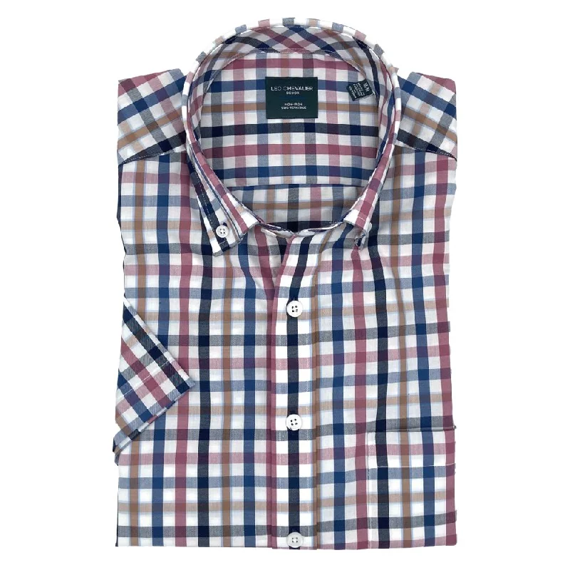 Navy Multi Plaid Short Sleeve No-Iron Cotton Sport Shirt with Button Down Collar by Leo Chevalier