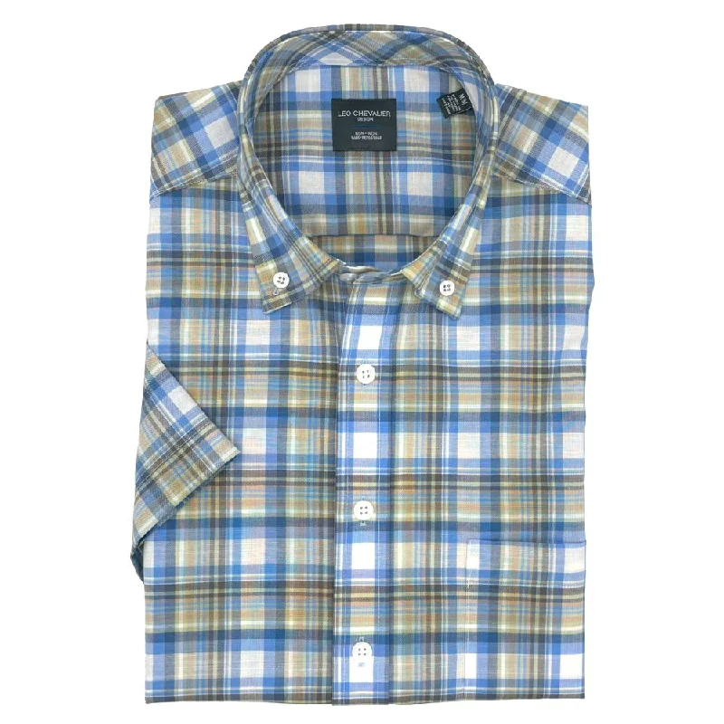 Sage and Blue Multi Plaid Short Sleeve No-Iron Cotton Sport Shirt with Button Down Collar by Leo Chevalier