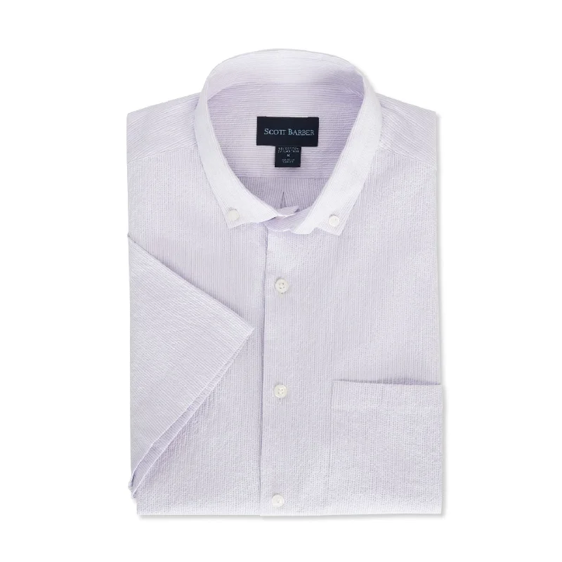 Short Sleeve Stretch Seersucker Mini Stripe Sport Shirt in Grapeade by Scott Barber