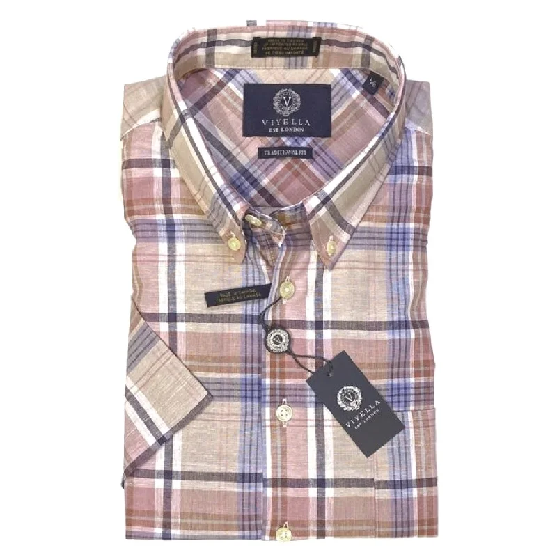 Tan, Blue, and Rose Plaid Linen and Cotton Short Sleeve Sport Shirt by Viyella