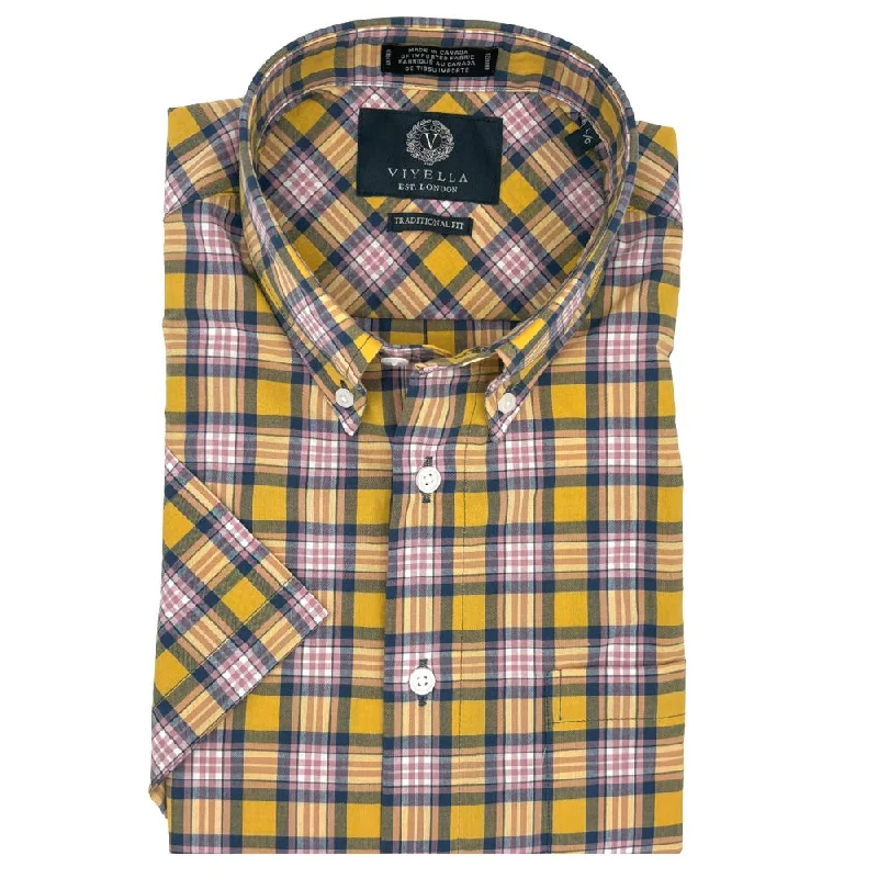 Yellow, Navy, and Pink Plaid Short Sleeve Stretch Cotton Sport Shirt by Viyella