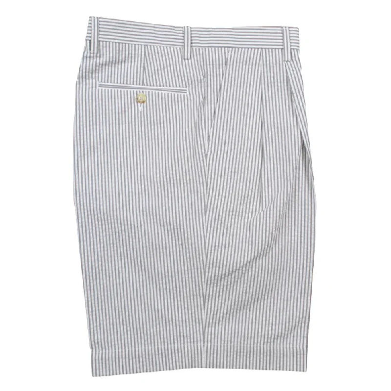 Seersucker Pleated Cotton Short in Grey and White (Ascot Double Reverse Pleat) by Berle