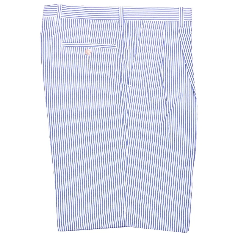 Seersucker Pleated Cotton Short in Light Blue and White (Ascot Double Reverse Pleat) by Berle