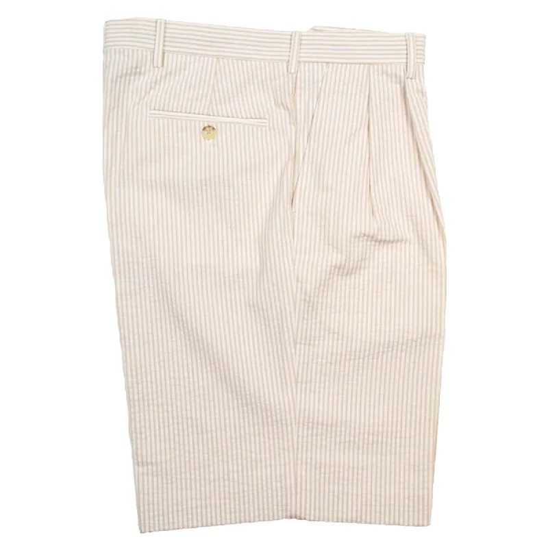 Seersucker Pleated Cotton Short in Tan and White (Ascot Double Reverse Pleat) by Berle