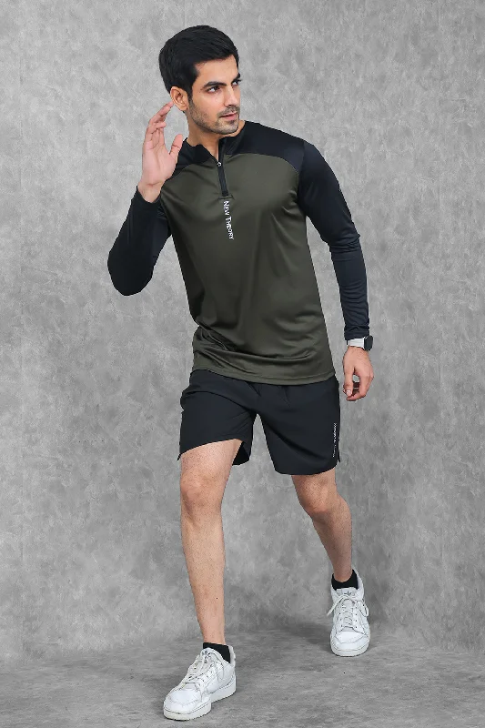 Active Two-Tone 1/4 zip & Shorts Set- Olive/Black & Black