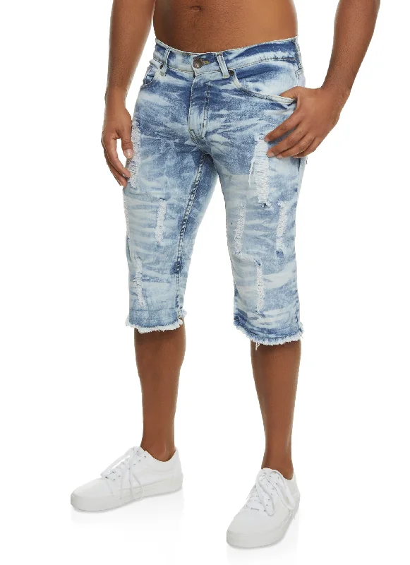 Mens Whiskered Acid Wash Distressed Denim Shorts