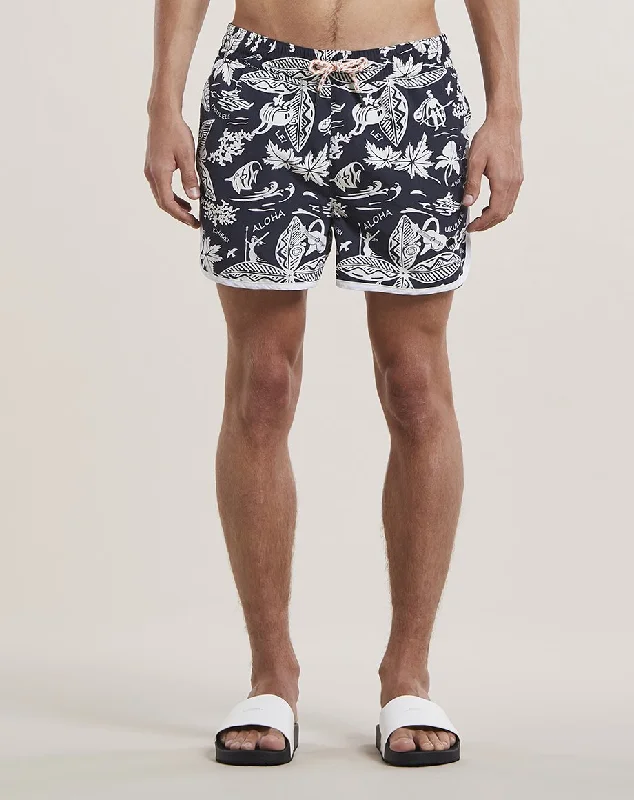 ALOHA PRINT MENS SWIM SHORTS | BLACK