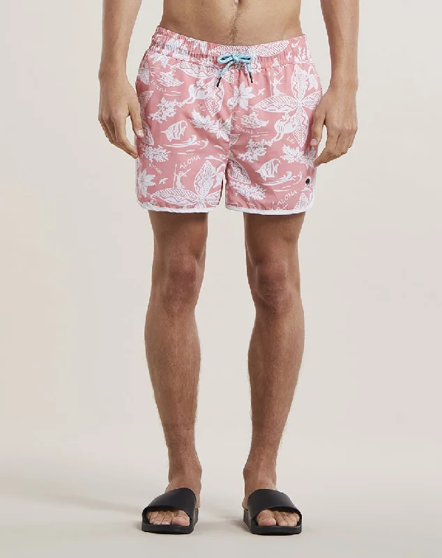 ALOHA PRINT MENS SWIM SHORTS | CORAL