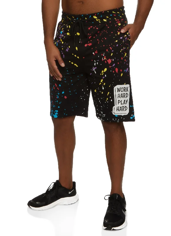 Mens Paint Splatter Work Hard Play Hard Graphic Shorts