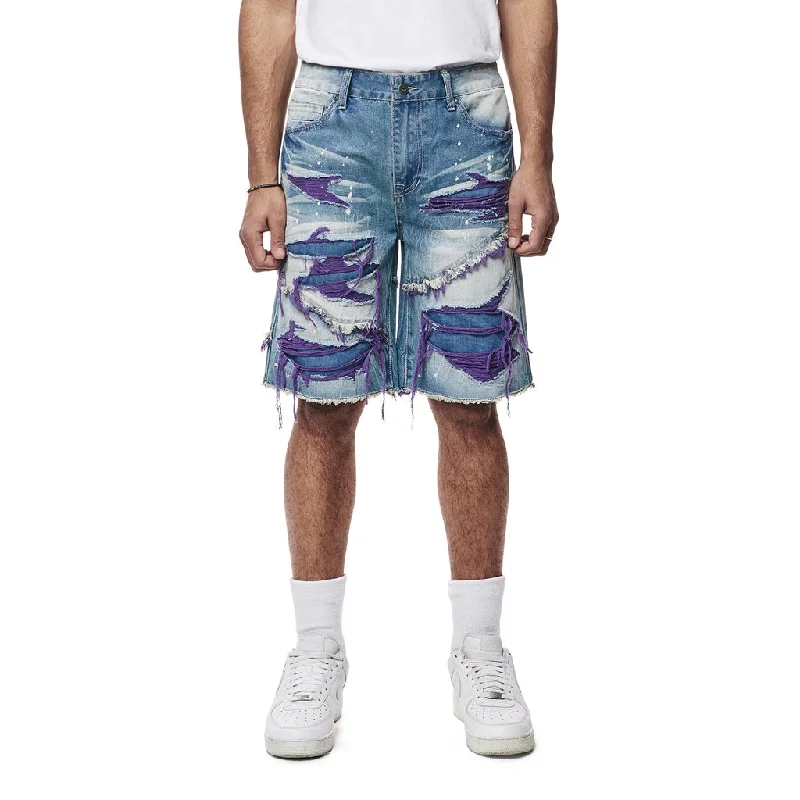 Color Wash Heavy Rip & Repair Jean Shorts - Purple