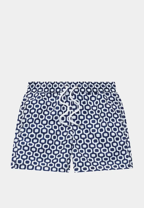 Frescobol Sport Swim Shorts Ipanema Print Navy Blue