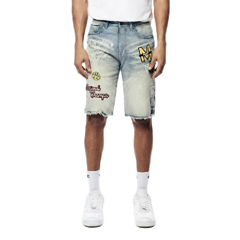 Laser Printed Varsity Jean Shorts - Vanilla Blue