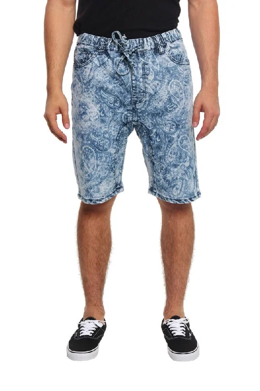 Men's Paisley Print Denim Dropcrotch Shorts