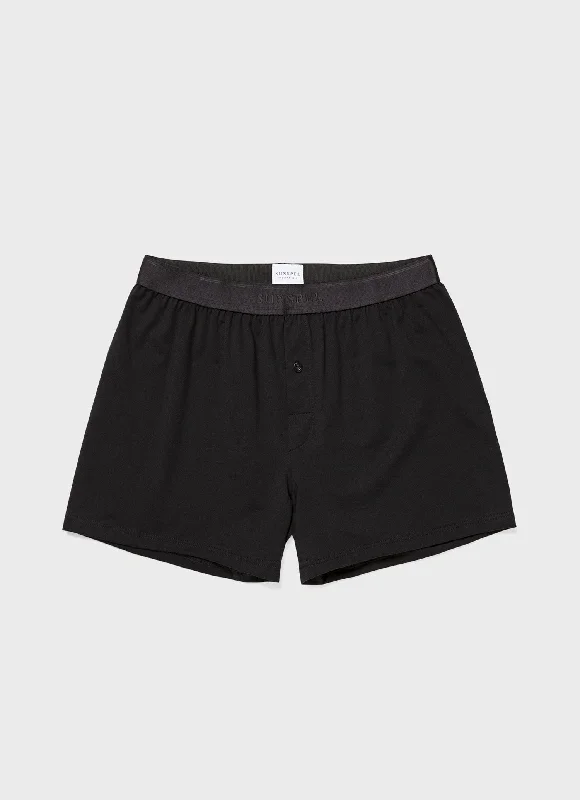 Men's Superfine Cotton One-Button Boxer Shorts in Black