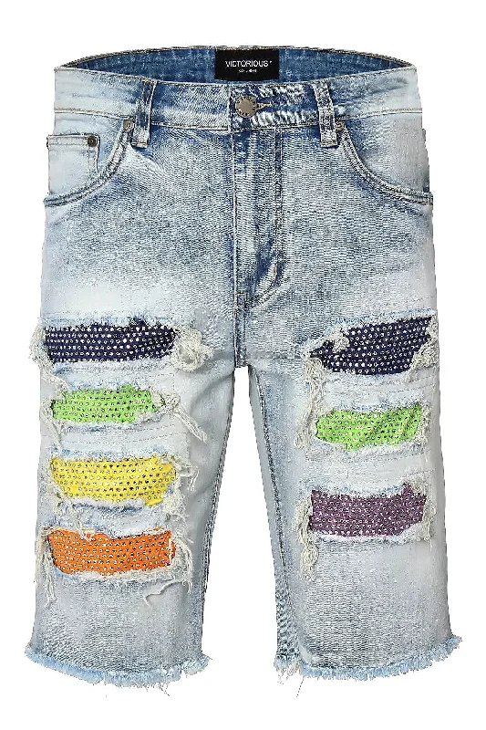 Multi Color Crystal Embellished Denim Shorts