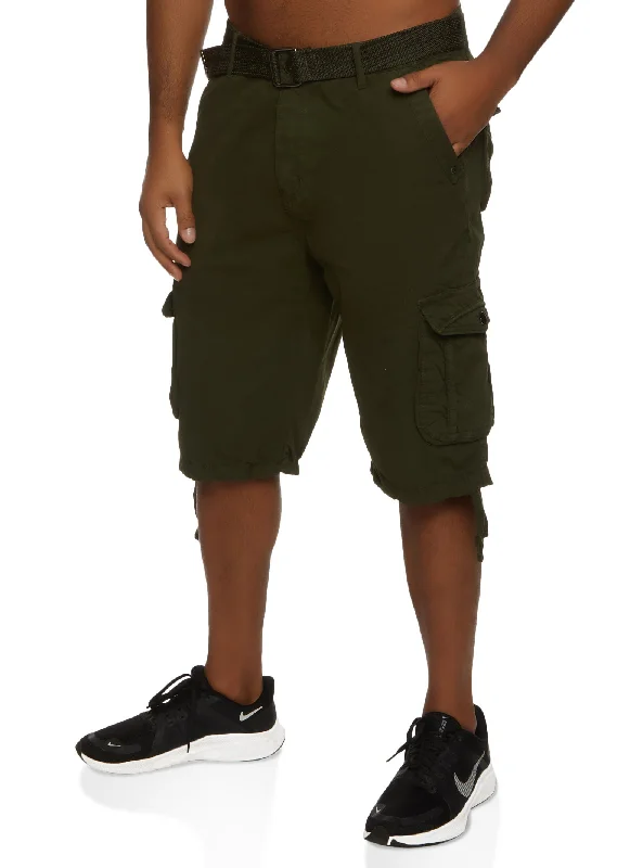 Mens Twill Belted Cargo Shorts