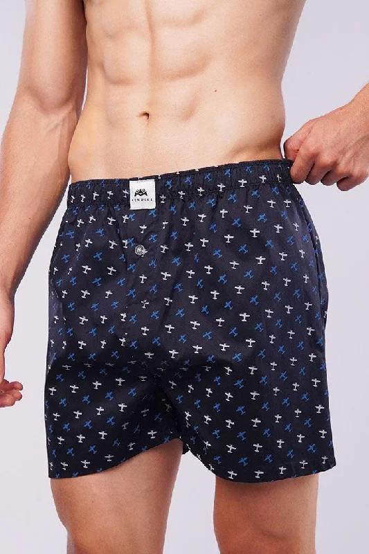 Printed Woven Boxer Shorts - Navy Blue