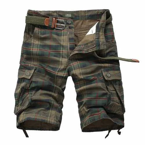 Multi-pocket Cotton Plaid Knee Length Shorts