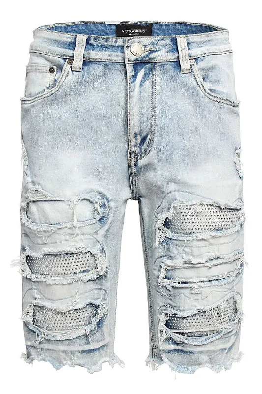 Rhinestones Distressed Denim Shorts