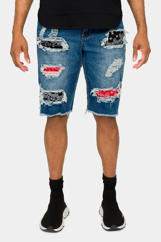 Ripped Bandana Repair Denim Shorts